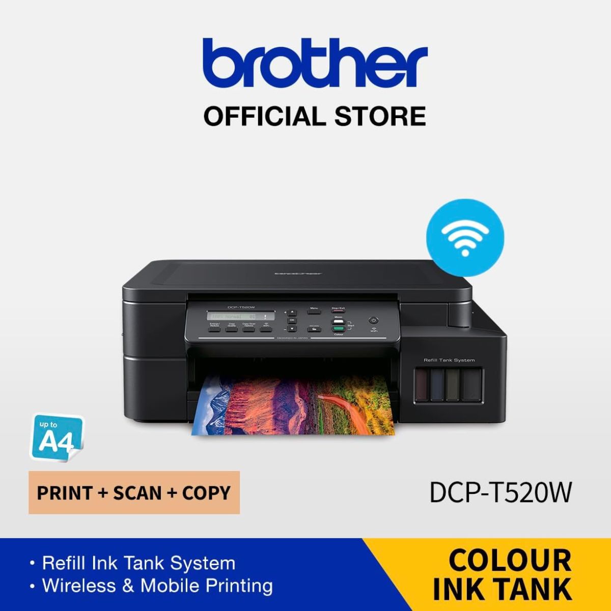 طابعة Brother DCP-T520W الكل في واحد بخزان حبر، طباعة عالية الجودة، بتكلفة منخفضة - راحة لاسلكية