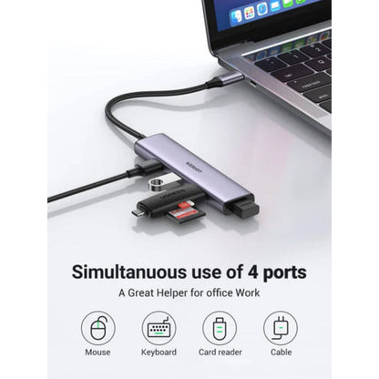 UGREEN USB-C to 4-Port USB 3.0 Hub | 5Gbps Data Transfer | Aluminum Alloy Housing | Plug-and-Play | Compact Design | Grey | Model 20841