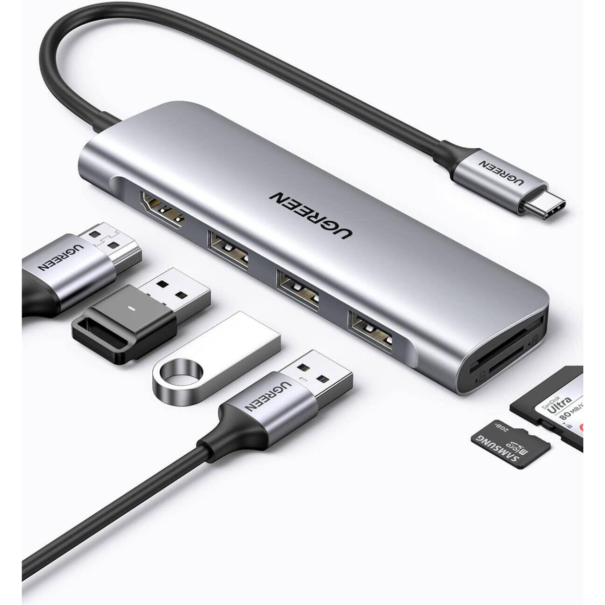 UGREEN CM511 6-in-1 USB Type-C Multifunction Hub | USB 3.2 Gen 1 | 5Gbps | 4K @ 30Hz | 104MB/s | Gray | 20956