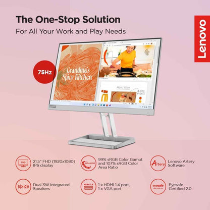Lenovo FHD IPS Display Monitor, 21.5", 75Hz Refresh Rate, 4ms (Extreme Mode) Response Time, AMD FreeSync Technology, 16.7m Color Support, 16 9 Aspect Ratio, Cloud Grey