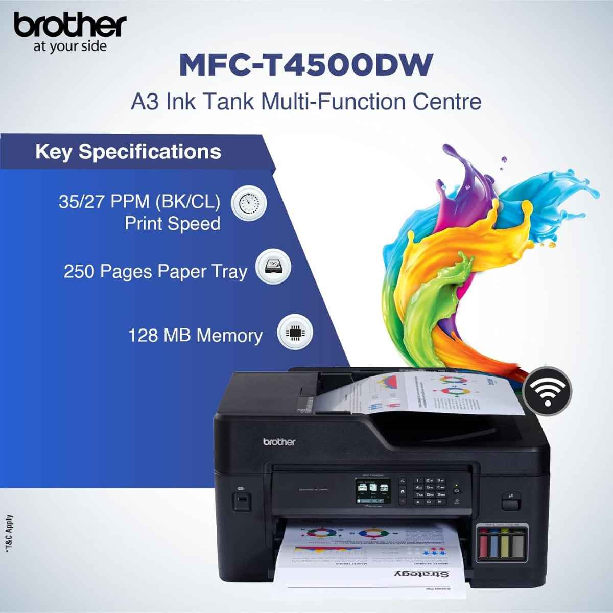 Brother MFC-T4500DW Color Inkjet Multi-function Printer A3 Color All-in-One (Print • Scan • Copy • Fax), Duplex & WiFi