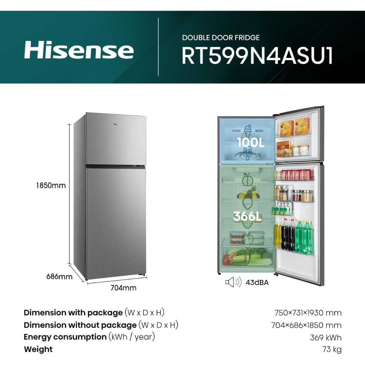 Hisense 599 L Double Door Top Mount Refrigerator – Silver, Model RT599N4AS