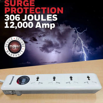 Honeywell Surge Protector - 4 Universal Sockets, 1.5 Meter Cord, White