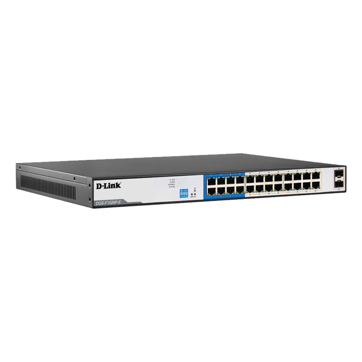 D-Link 24-Port Gigabit PoE Switch with 2 SFP Uplink Ports, Extended 250m PoE Transmission, Open Box New  |  DGS-F1026P-E