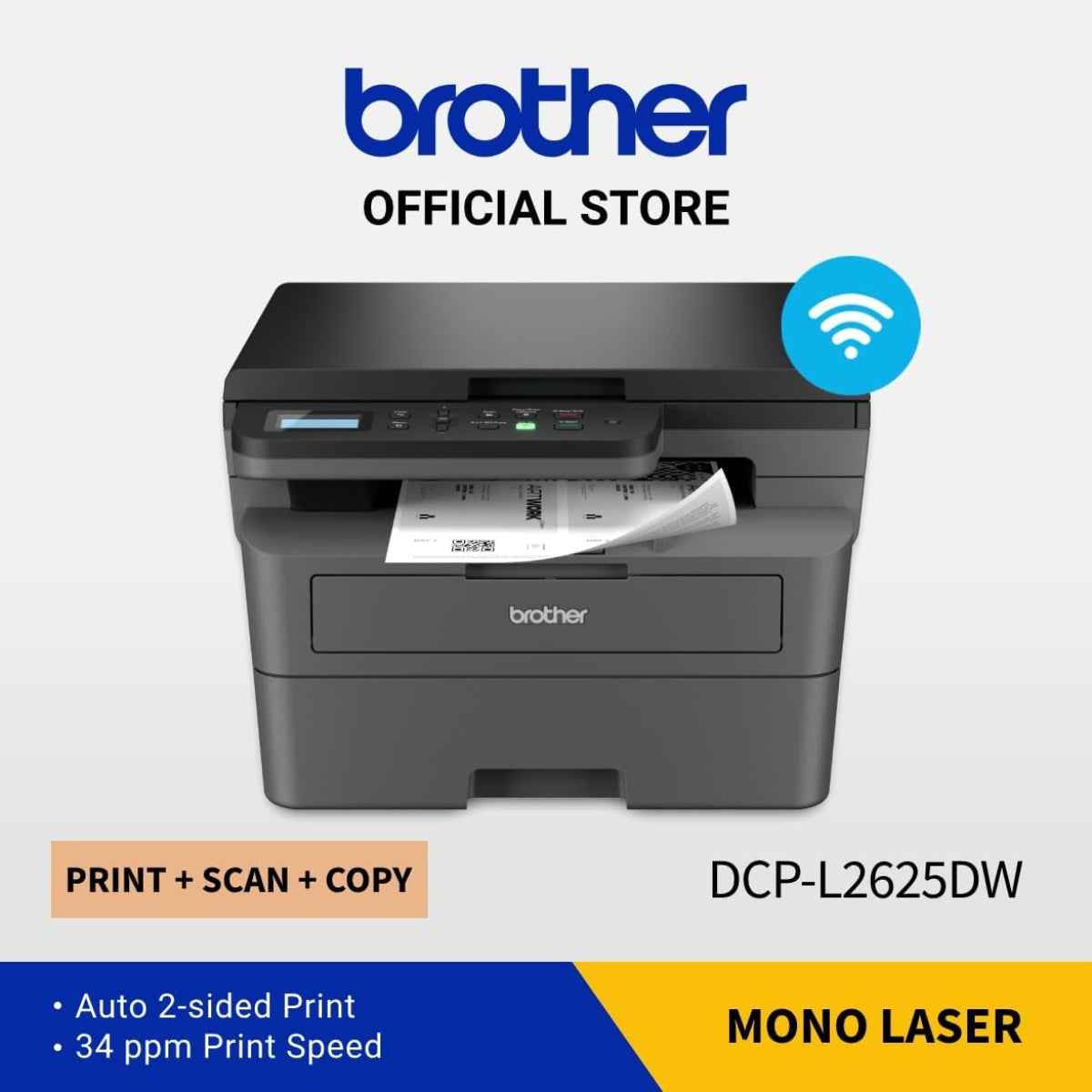 Brother DCP-L2625DW Mono Laser Printer, Up to 34 PPM Printer Speed, 49 dB(A) Noise Level, Hi-Speed USB, Wired & Wireless Connectivity, 250 Sheets Input Tray, Black | DCP-L2625DW