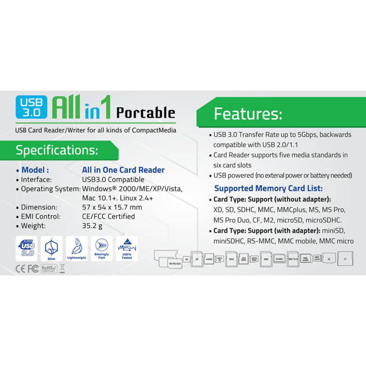 Simax All in 1 Card Reader, Up to 5Gbps Transfer Rate, Backwards Compatible with USB 2.0/1.1, USB 3.0 Interface | SX-CRWAI1-U3