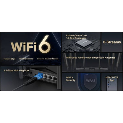 MERCUSYS MR90X AX6000 Dual-Band Wi-Fi 6 Router | 6000 Mbps | 2.5 Gbps Port | 8 Antennas | 256 Devices