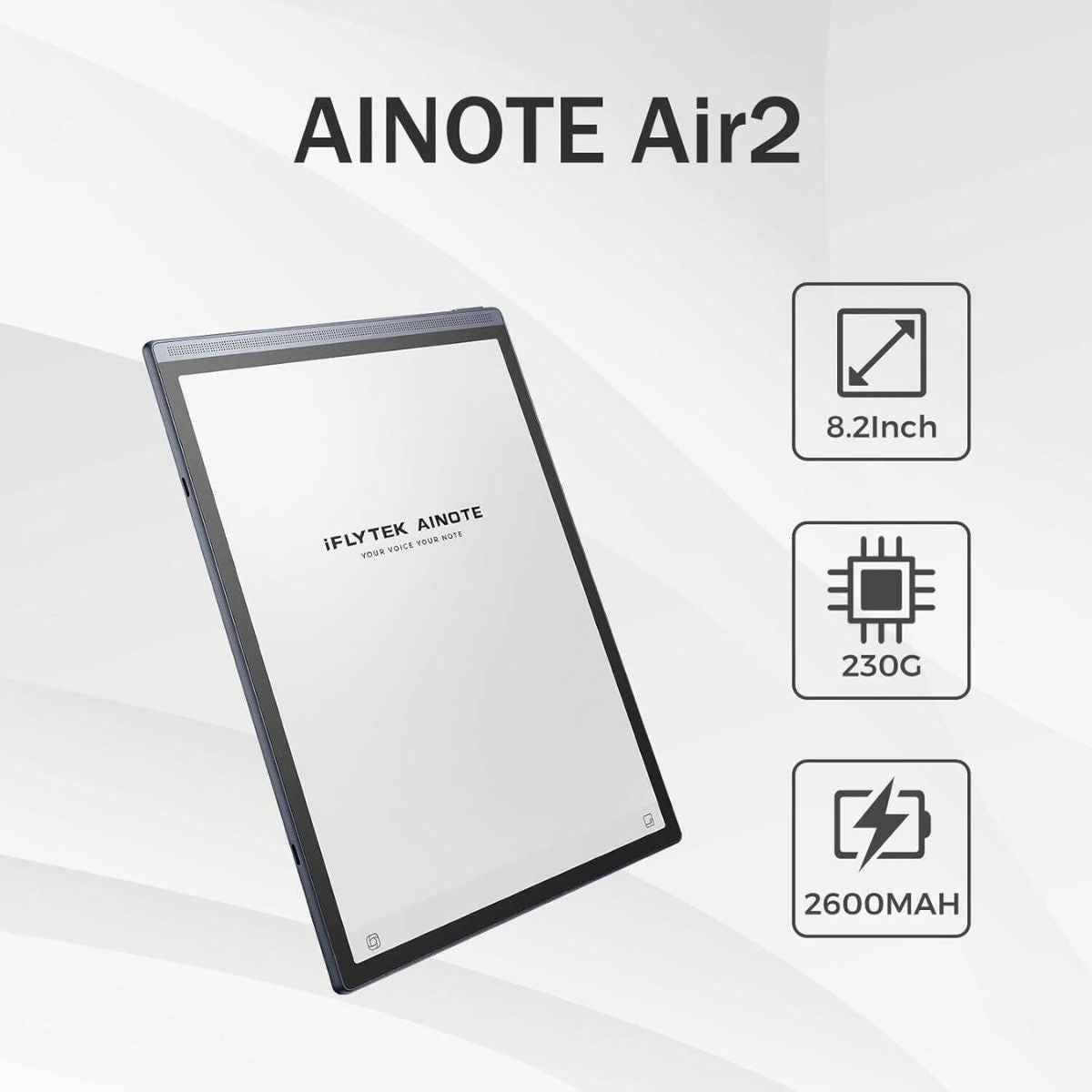 iFLYTEK AINOTE Air 2 Tablet, 8.2" HD E-Ink Display, 4GB RAM, 32GB Storage, WiFi 6 & Bluetooth 5.0, Gray
