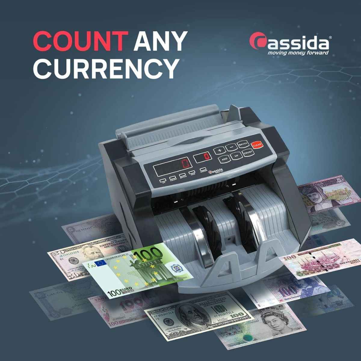 Cassida 5510 UV Efficient Bill Counter Machine for Retail, 1300 Notes Per Minute, Count, Batch, Add, Add+Batch Operations, LED 4/3 Display, Back Loader Bill Loading Style | 5510