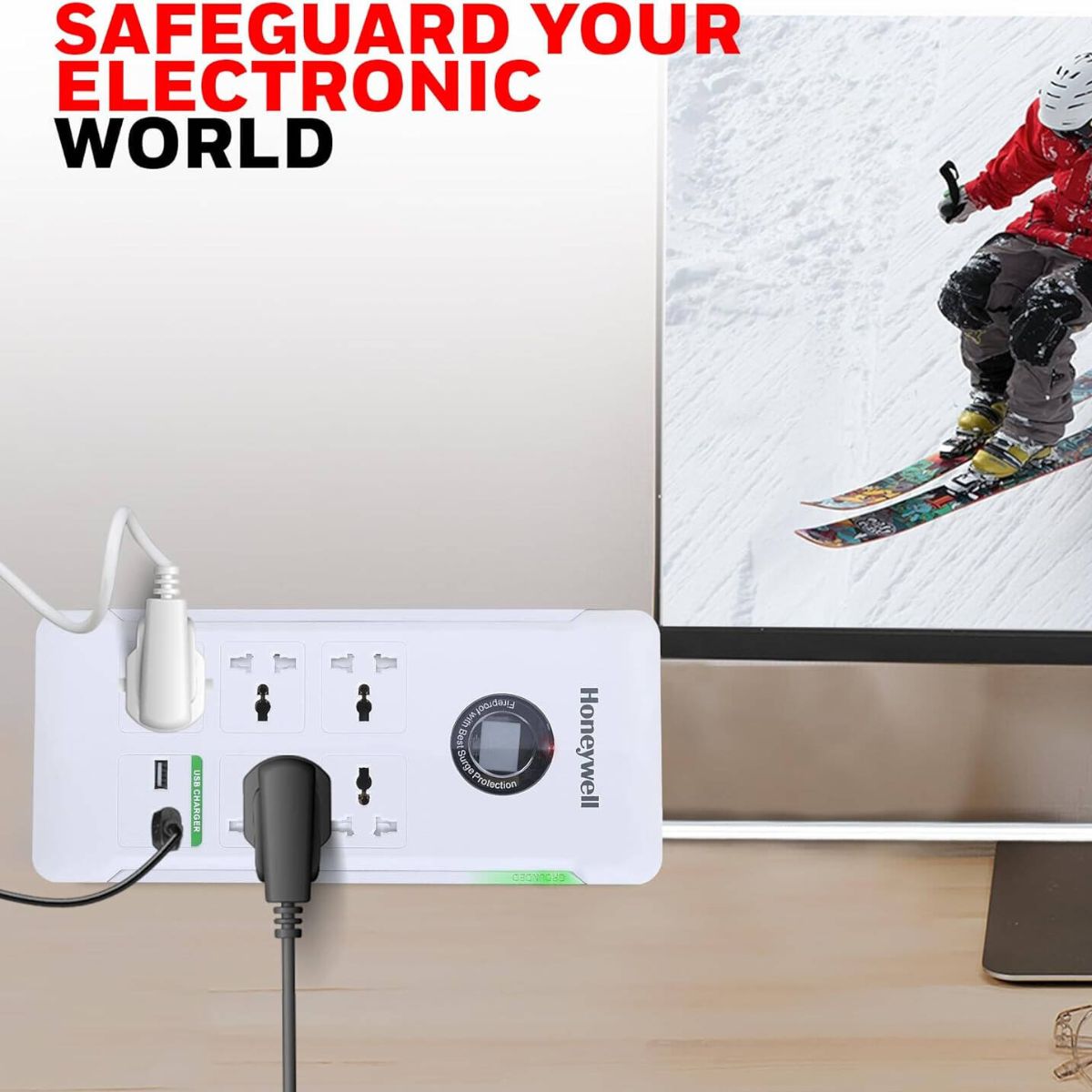 Honeywell Surge Protector - 5 Universal Sockets, 2 USB Ports, 1.5 Meter Cord, White