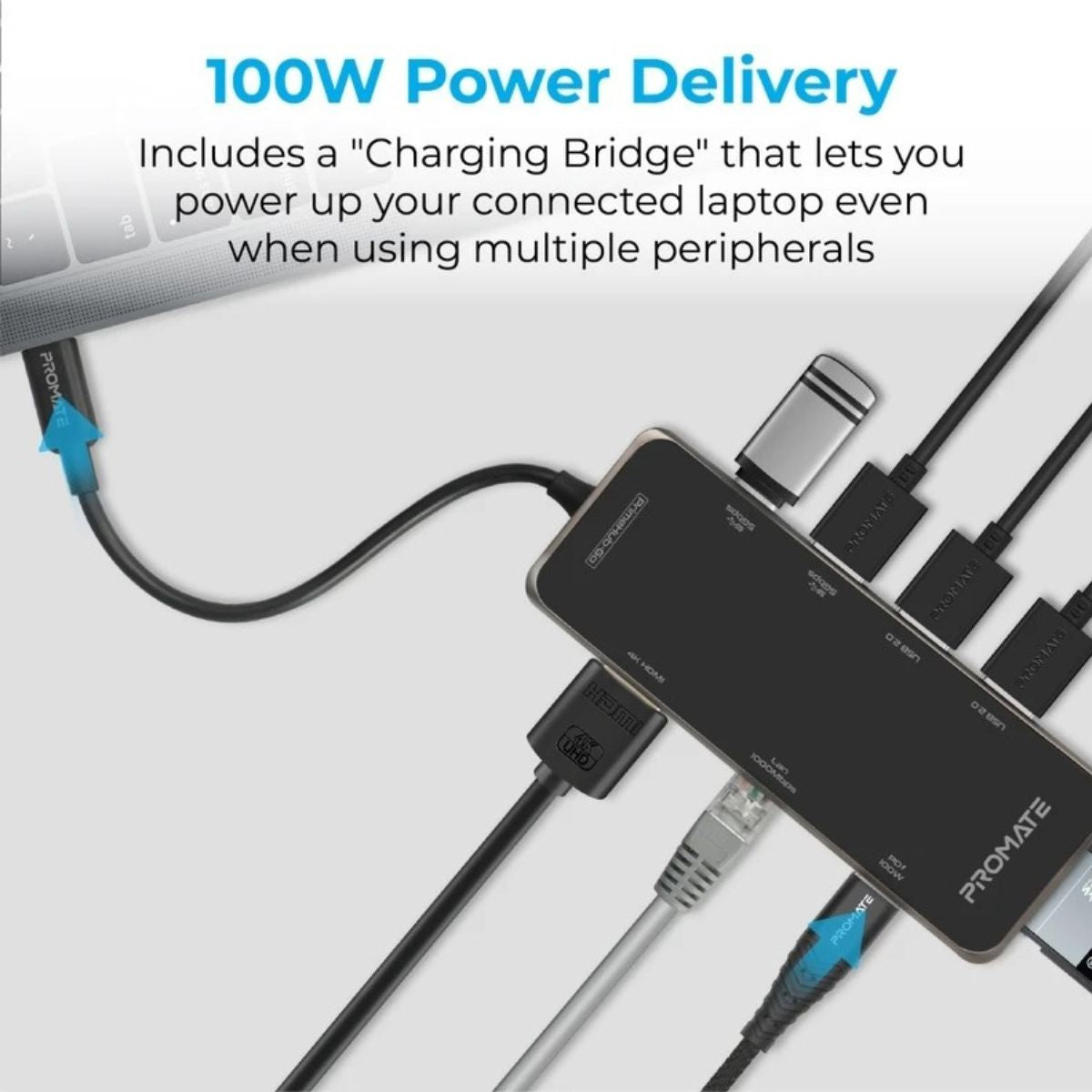 Promate PrimeHub-Go 9-in-1 USB-C Hub | 100W Power Delivery | Compact Multiport Adapter