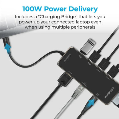 Promate PrimeHub-Go 9-in-1 USB-C Hub | 100W Power Delivery | Compact Multiport Adapter
