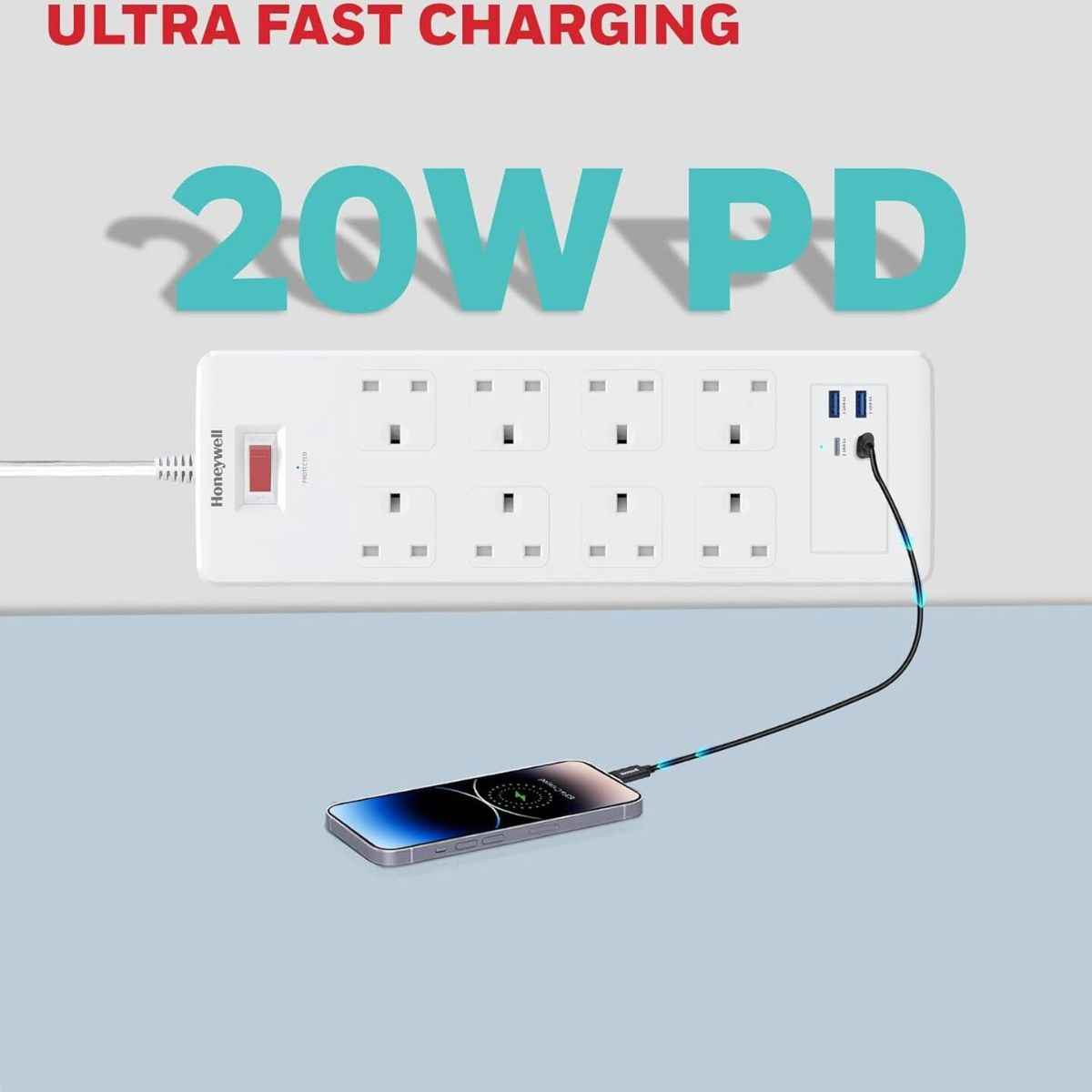 Honeywell Surge Protector - 8 Universal Sockets, 2xPD 20W & 2xUSB, 1.8 Meter Cord, White