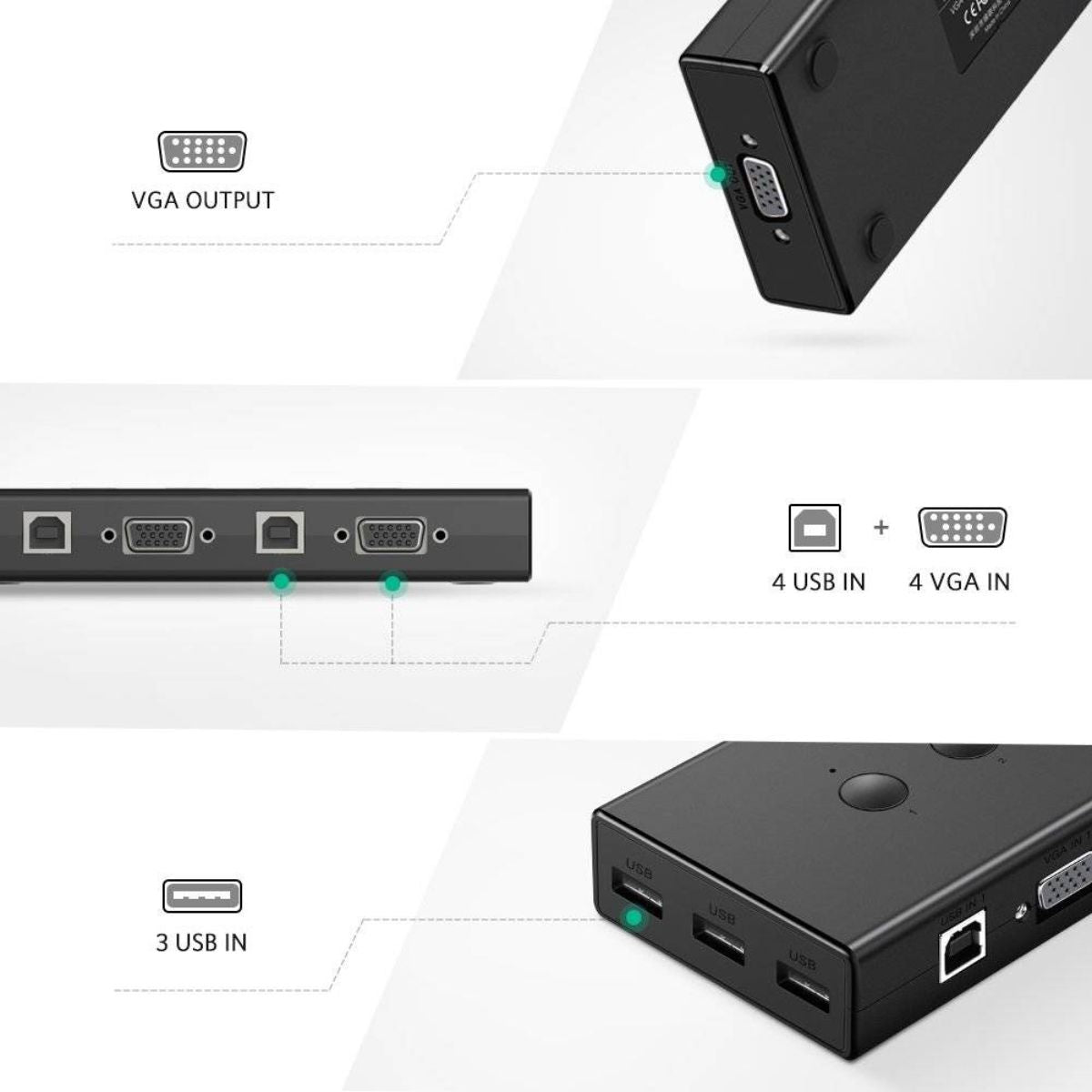 UGREEN 50280 USB KVM Switch Box | 4-in-1 VGA Switch | 1080P | 3-Port USB Hub | Black