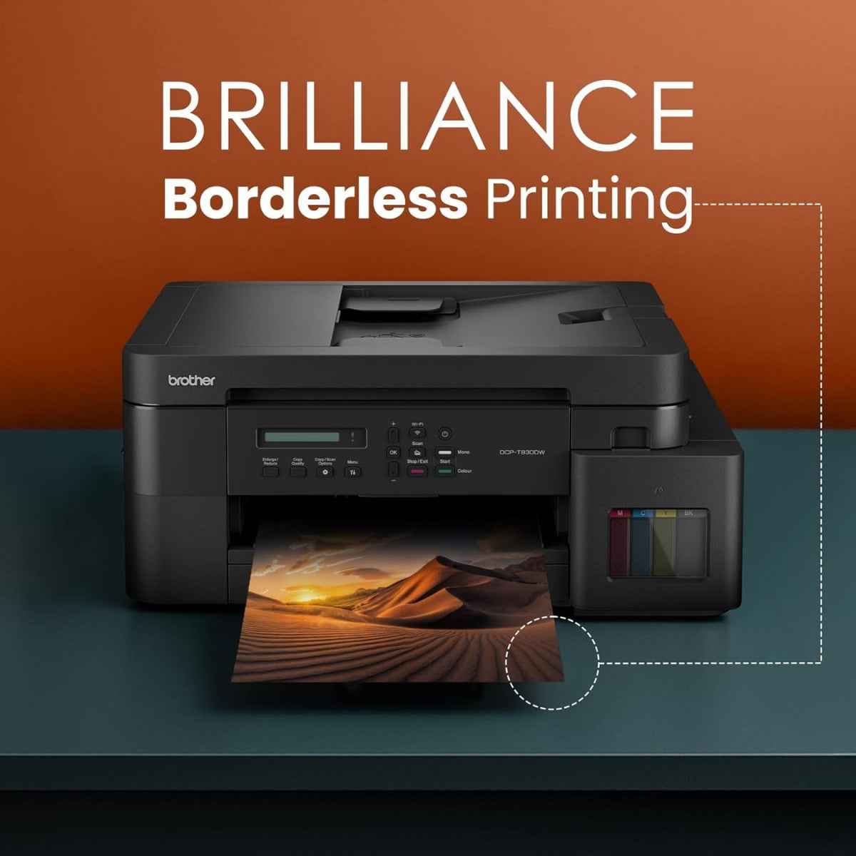 Brother DCP-T830DW Ink Tank  Black Printer, 1200 x 6000 DPI, 17 IPM Print Speed, Auto 2-Sided Duplex Printing, 20 Sheets Auto-Document Feeder, WiFi, WiFi-Direct, USB 2.0, LAN