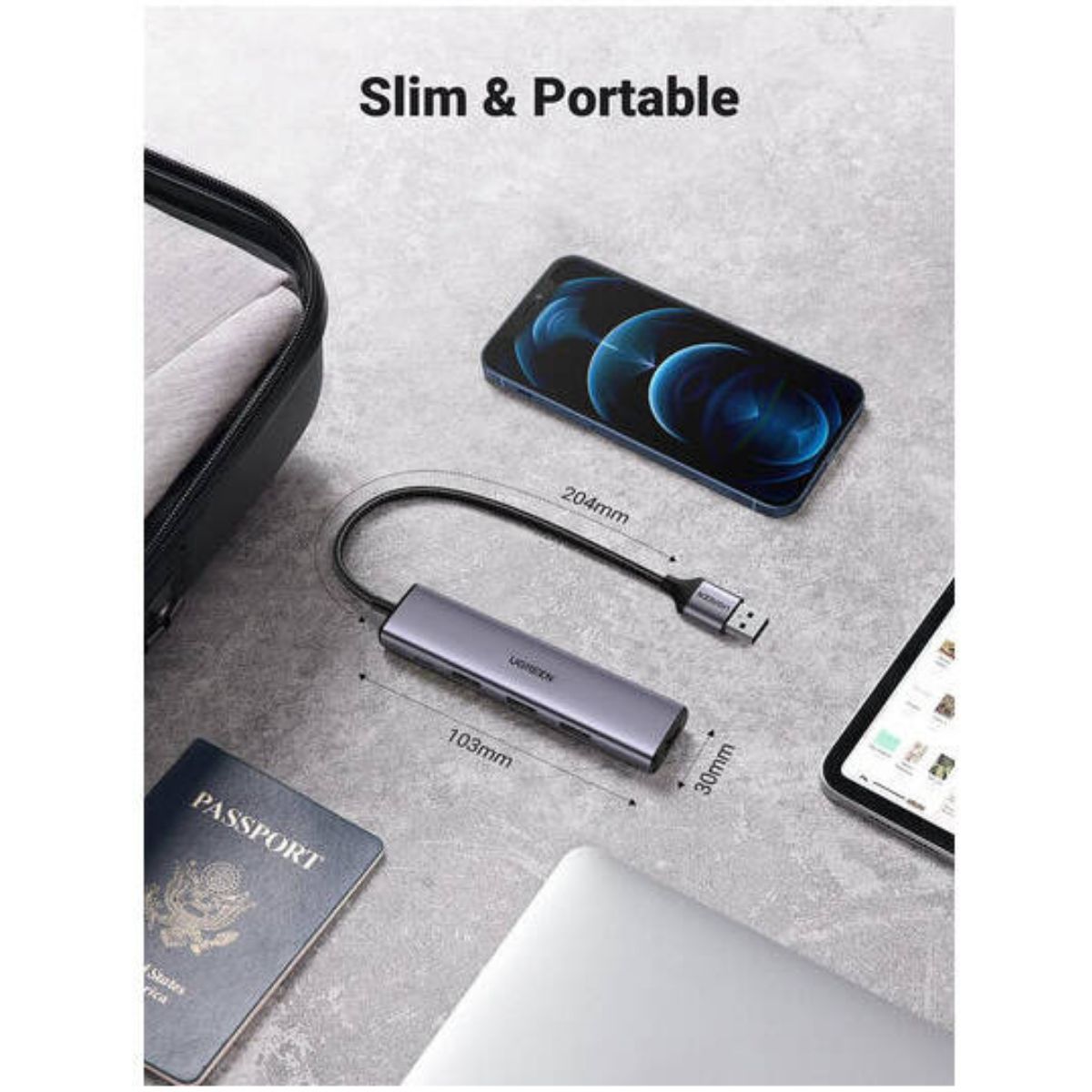 UGREEN 4-in-1 USB 3.0 Hub | 3 × USB 3.0 + USB Type-C Port | 5Gbps | External Power Port | Braided Nylon Cable | Gray | 20805