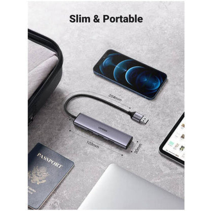 UGREEN 4-in-1 USB 3.0 Hub | 3 × USB 3.0 + USB Type-C Port | 5Gbps | External Power Port | Braided Nylon Cable | Gray | 20805