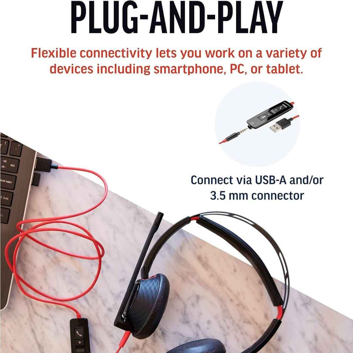 HP Poly Blackwire 5220 Stereo USB-A Headset, Dual Ear (Stereo) Computer Headset with Boom Mic - USB-A, 3.5 mm to connect to your PC, Mac, Tablet and/or Cell Phone