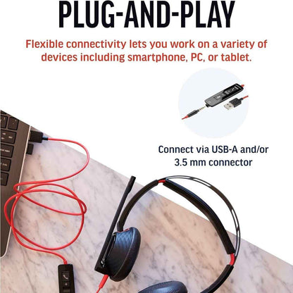 HP Poly Blackwire 5220 Stereo USB-A Headset, Dual Ear (Stereo) Computer Headset with Boom Mic - USB-A, 3.5 mm to connect to your PC, Mac, Tablet and/or Cell Phone