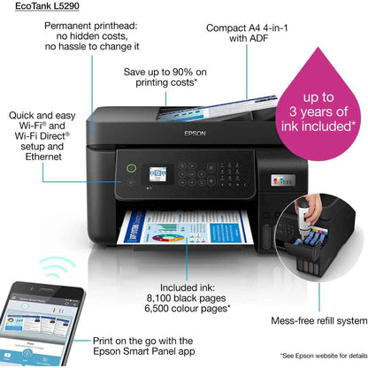 Epson EcoTank L5290 A4 Wi-Fi AIO Ink Tank Printer with ADF, Print, Scan, Copy, Fax, 5760 x 1440 dpi, 33ppm Printing Speed, LCD Screen, 100-Page Fax Storage Memory, Smart Panel, Black | C11CJ65409