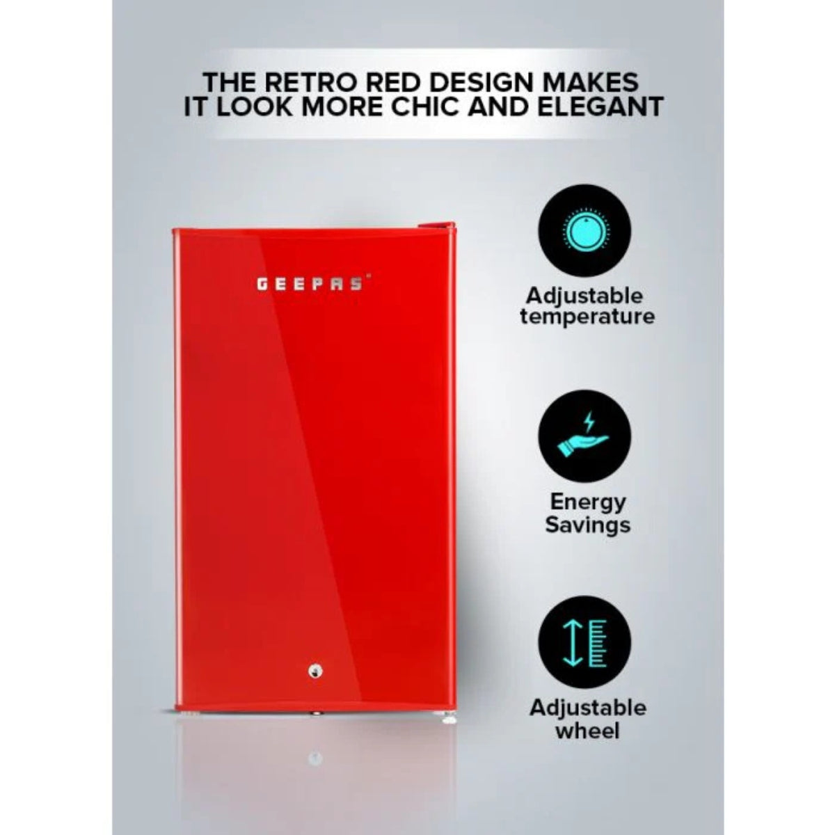 Geepas Single Door Mini Defrost Red Refrigerator GRF1202RXE, Mini Fridge, Retro Design, Low Noise, Low Voltage, Quick Cooling, Easy Cleaning