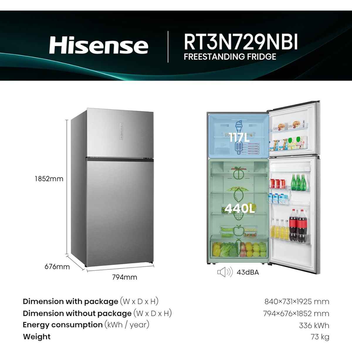 Hisense 729L Gross / 557L Net Top Mount Refrigerator –  RT3N729NBI, Total No Frost & Inverter Compressor