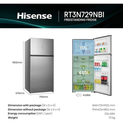 Hisense 729L Gross / 557L Net Top Mount Refrigerator –  RT3N729NBI, Total No Frost & Inverter Compressor