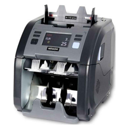 Hitachi IH-110 Cash Counting & Sorting Machine With Counterfeit Detection Technologies, 4.3" Full Color Touch Screen, Dual Pocket, Dual CIS, Fitness Sorter With 25 Currencies, Gray | IH-110