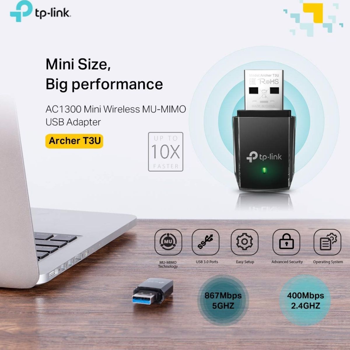 TP-Link Archer T3U AC1300 USB WiFi Adapter, Dual Band 2.4G/5G Wireless Adapter for PC/Desktop, MU-MIMO WiFi Dongle, USB 3.0, Compatible with Win11/10/8.1/8/XP & Mac OS X 10.9-10.14, Black | Archer T3U