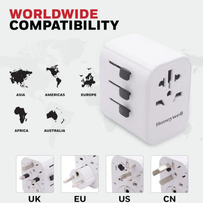 Honeywell Universal World Travel Adapter (EU,US,UK & CN) with 2xUSB-A Ports (12W), 1xType-C PD 30W Port, White
