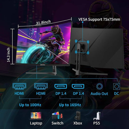 Sansui ES-G34C5 34" Curved UWQHD Gaming Monitor – 165Hz, 1ms (MPRT), 1500R, Fast VA, FreeSync, HDR (Black)