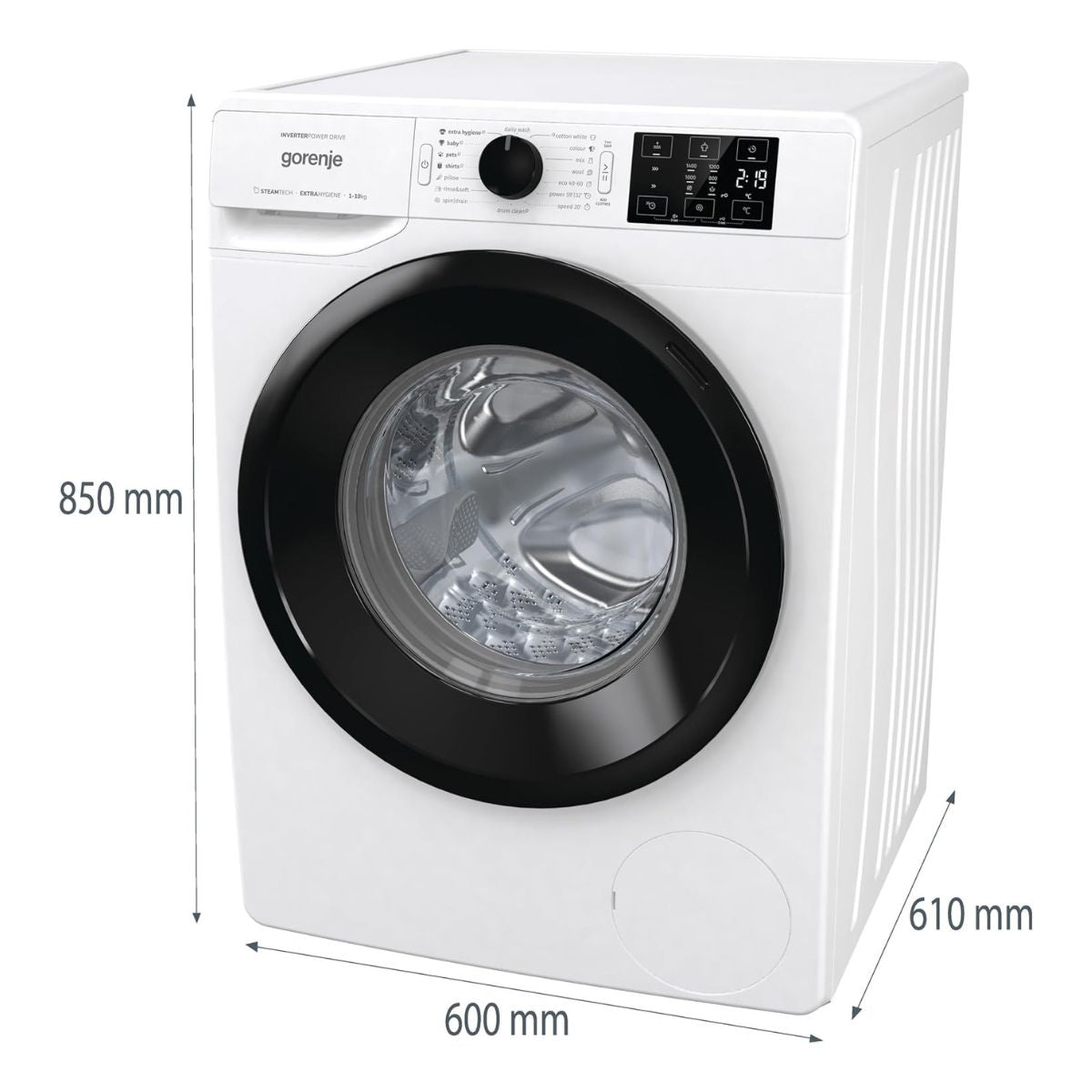 Gorenje WNEI14BS Front Load Washing Machine, 10kg Capacity, 16 Wash Programs, Inverter PowerDrive Motor, SteamTech, 1400 RPM, White