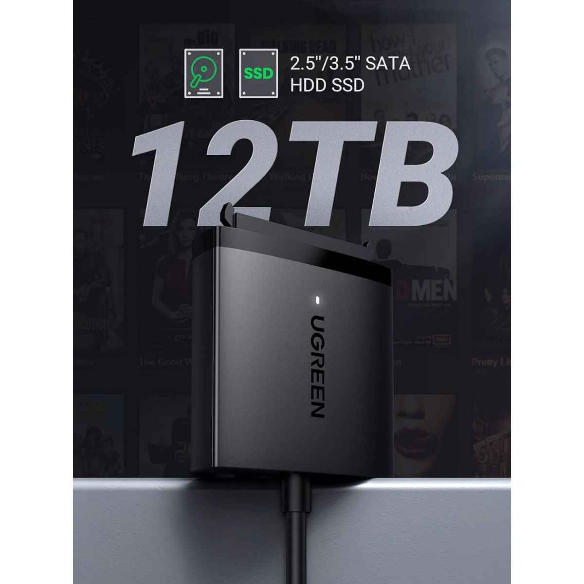 UGREEN USB 3.0 to SATA Hard Drive Adapter, 5Gbps Data Transfer Rate, Supports SSD/HDD up to 12TB, Wide Compatibility, Black | 60561