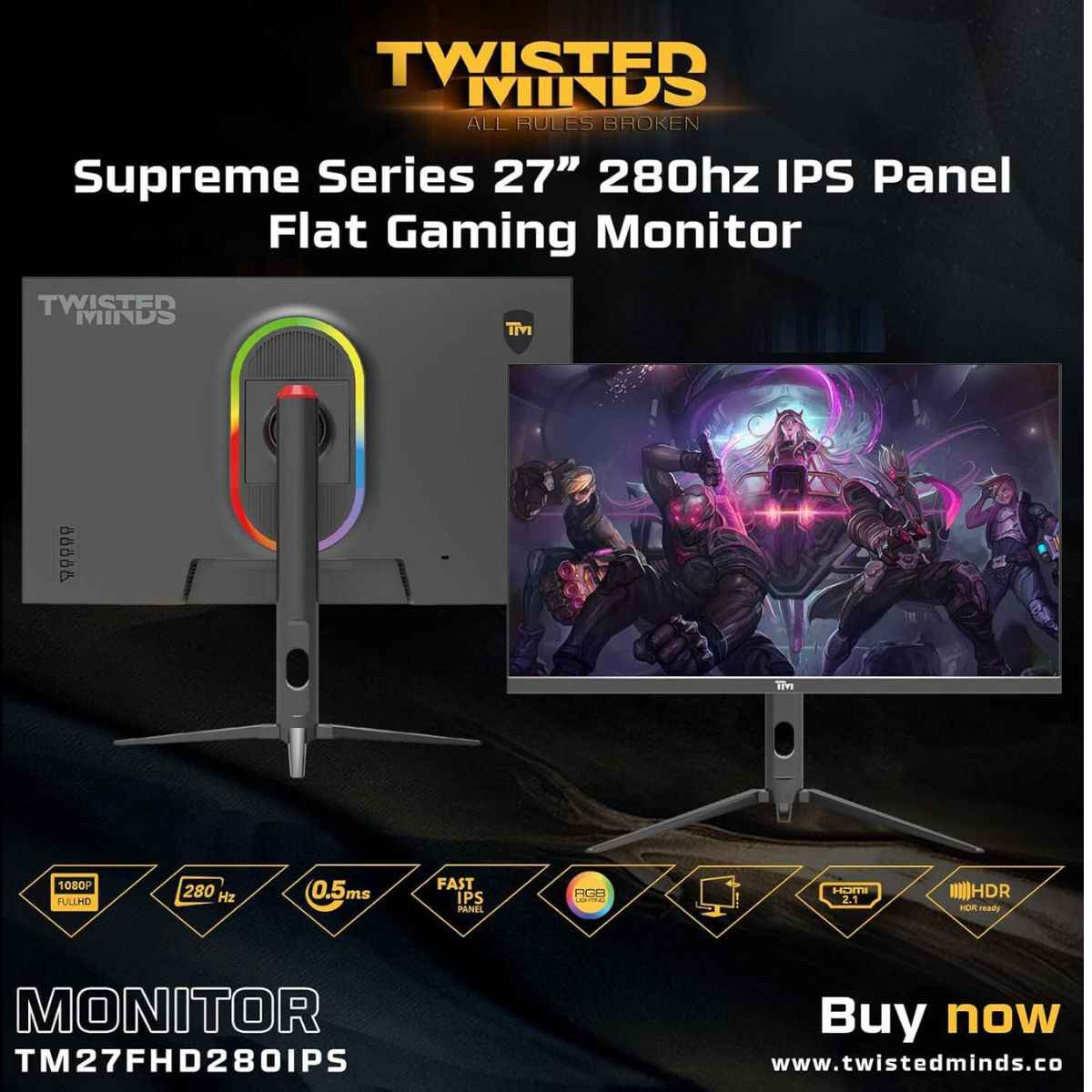 Twisted Minds Supreme Series 27'' Gaming Monitor – FHD IPS, 280Hz, 0.5ms, HDR Ready | TM27FHD280IPS