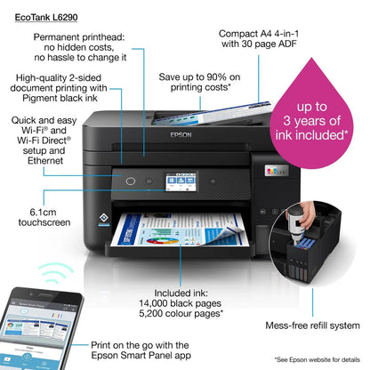 Epson EcoTank L6290 A4 Wi-Fi Duplex All-in-One Ink Jet Printer, 4800 x 1200 dpi Resolution, 15.5ipm Print Speed, 7500 Pages, LCD Screen, ADF Capability, Spill-free Ink Refilling, Black | L6290
