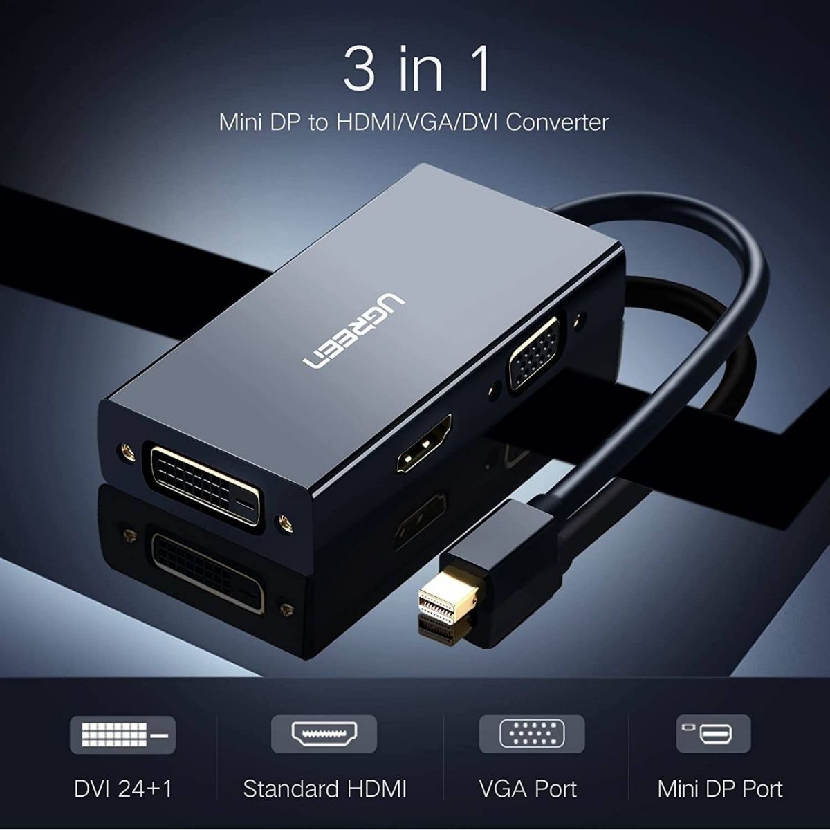 UGREEN 20418 Mini DisplayPort to HDMI, DVI &amp; VGA Adapter | 3-in-1 Mini DP Converter | 4K Support | Thunderbolt Compatible | Black
