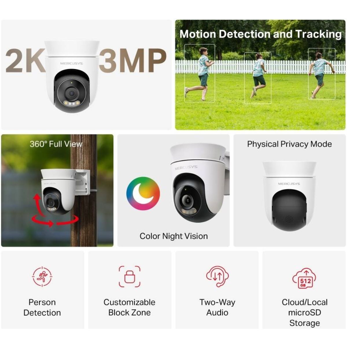MERCUSYS MC510 2K QHD Outdoor Pan/Tilt Wi-Fi Security Camera | 3MP 360° View | Color Night Vision | Person Detection | Two-Way Audio | 512GB microSD | IP65