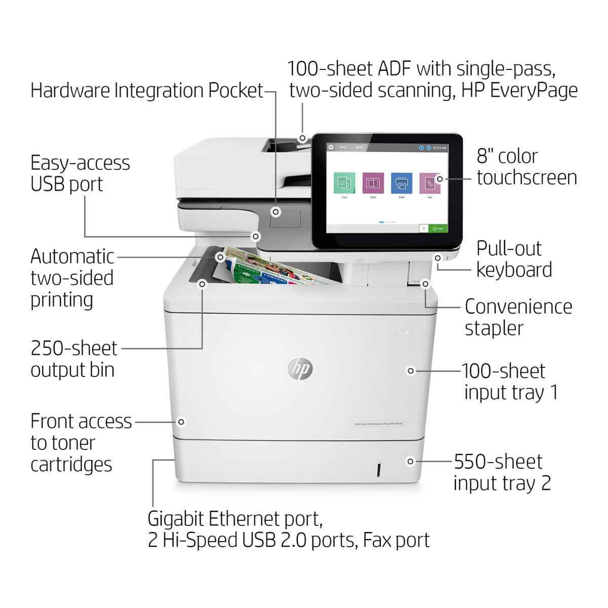 HP Color LaserJet Enterprise Flow MFP M578c Laser Printer, Print, Copy, Scan, Fax, Print Speed Up to 38ppm (Black) & 38ppm (Color), HP ImageREt 3600 Quality, 8" Color Touch Screen, White | 7ZU87A