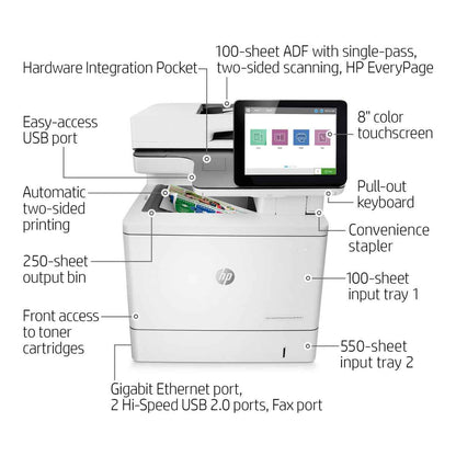 HP Color LaserJet Enterprise Flow MFP M578c Laser Printer, Print, Copy, Scan, Fax, Print Speed Up to 38ppm (Black) & 38ppm (Color), HP ImageREt 3600 Quality, 8" Color Touch Screen, White | 7ZU87A