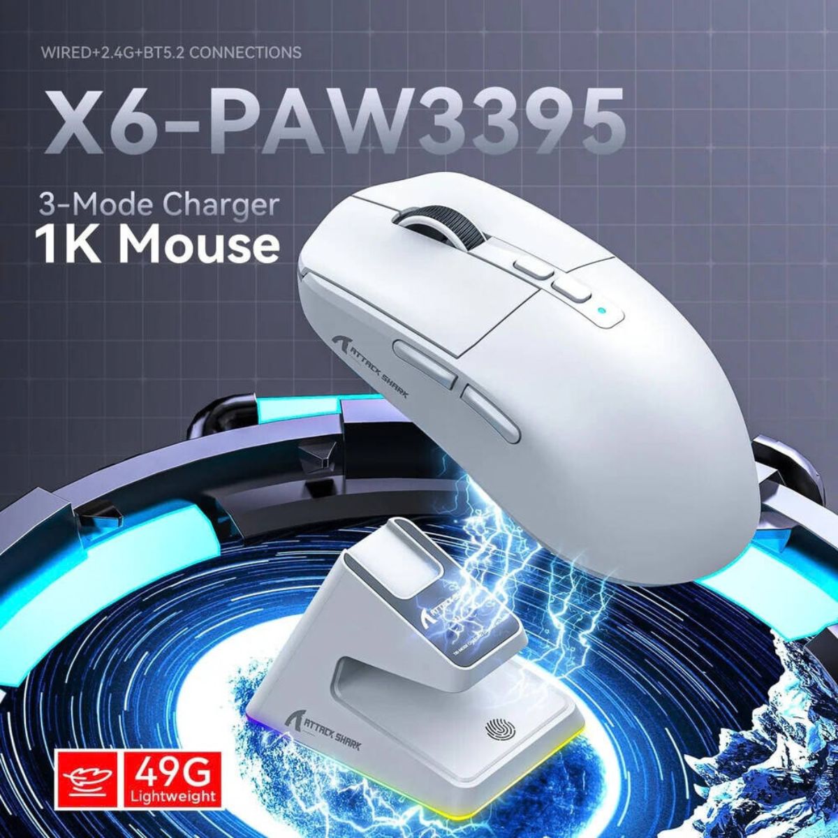 ATTACK SHARK X6 Wireless Gaming Mouse | PAW3395 | 26,000 DPI | 650 IPS | Tri-Mode | Charging Dock