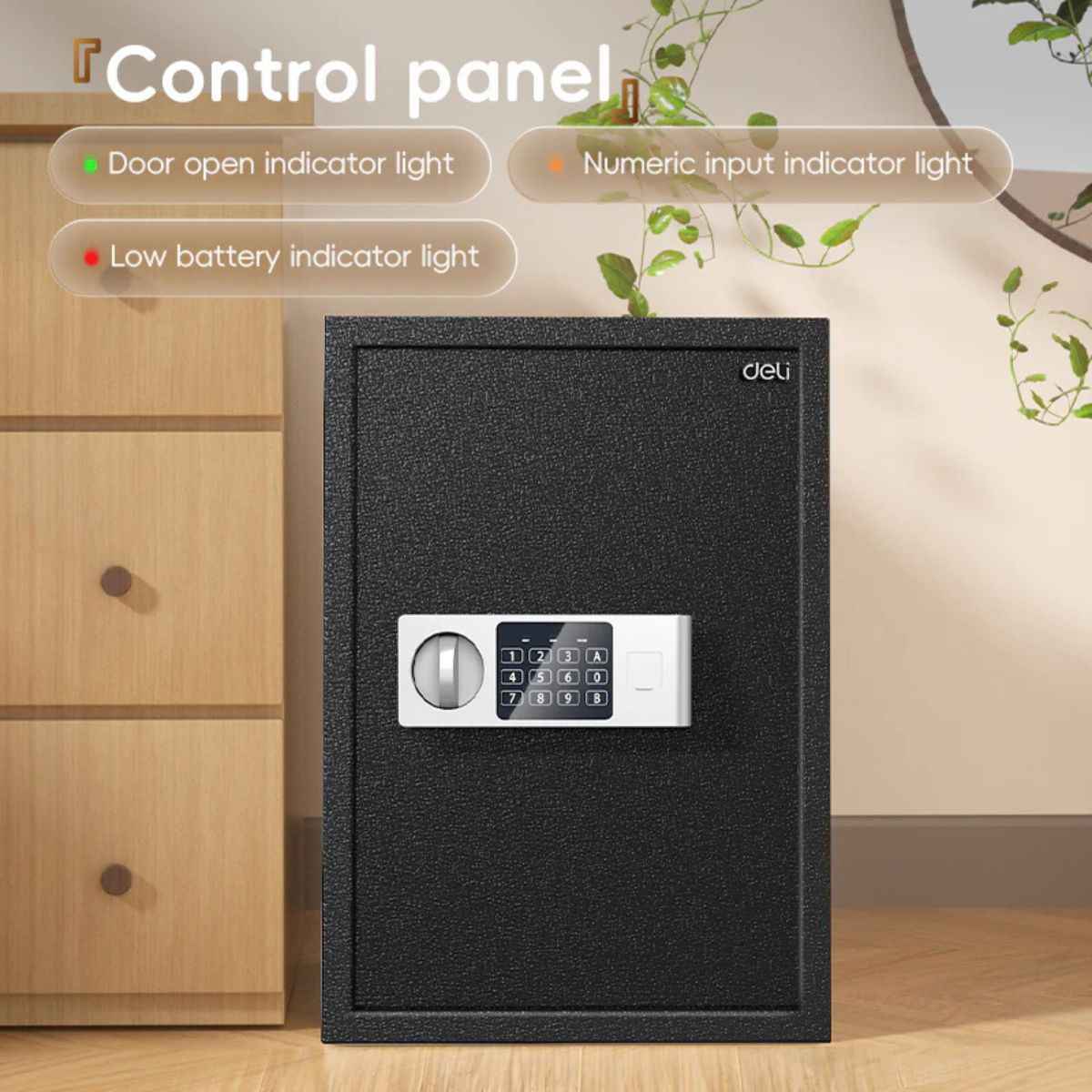 Deli T525 Fireproof Safe, Digital Safe Box with Key  Full Metal Body 13.7kg (50×35×31cm) Black