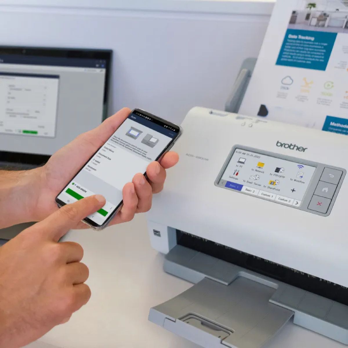 Brother ADS-4700W Professional Wireless Desktop Scanner, 40ppm Simplex/80ipm Duplex Scanning, 600x600dpi Resolution, 4.3" Touchscreen, 80-Page ADF, USB/Wi-Fi & Ethernet, White | 5WDE0800173