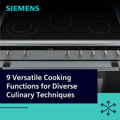 Siemens HK9K9V850M iQ700 Free-Standing Electric Range Cooker, 112L Usable Volume, 5 Ceramic Cooking Zones, Integrated Cooling Fan, Residual Heat Indicators, Stainless Steel