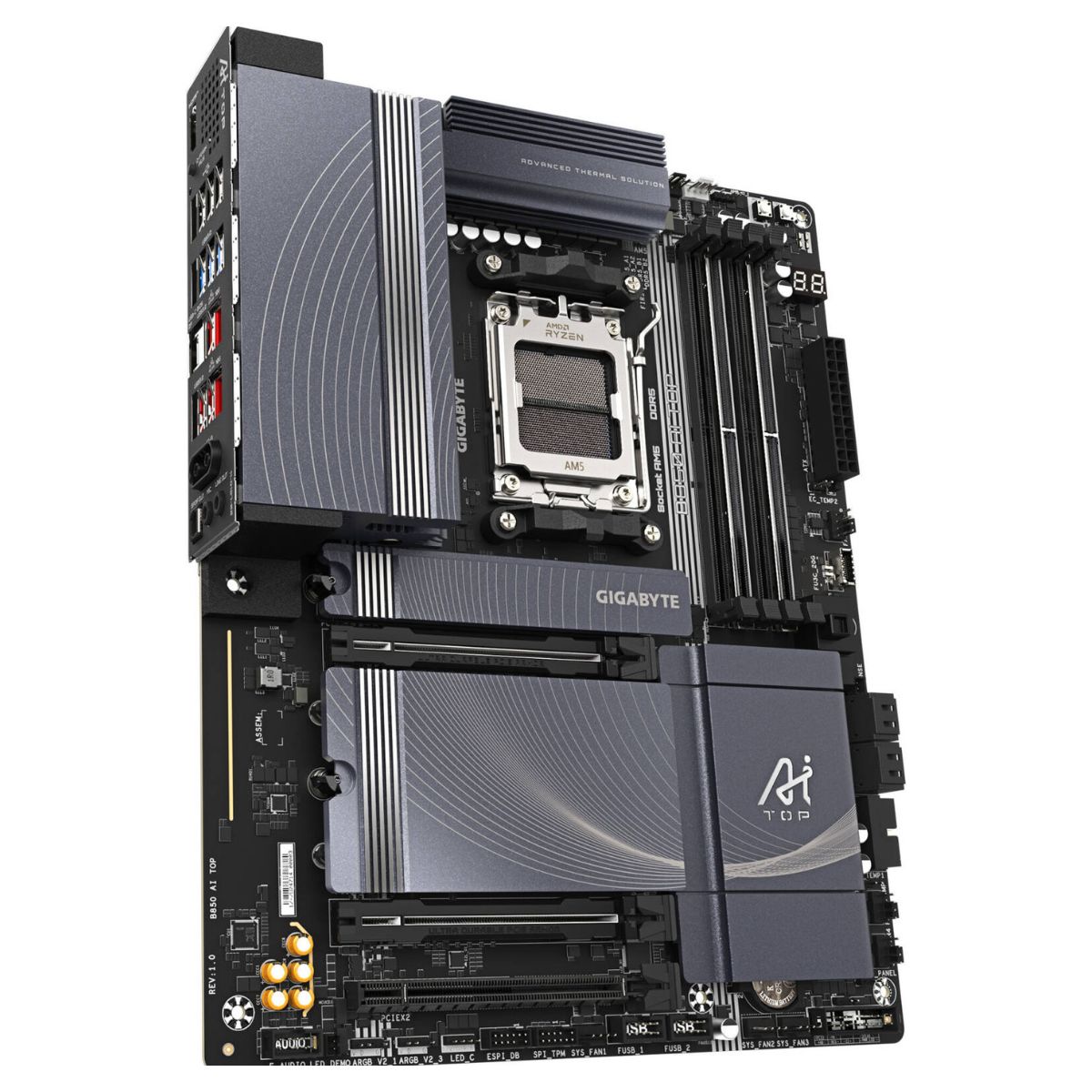 GIGABYTE B850 AI TOP AM5 ATX Motherboard, AMD B850 Chipset, 4x DDR5 DIMM Slots, Up to 256GB Max Memory, 2x PCIe 5.0 x16, 3x M.2 Slots, WiFi & Bluetooth Connectivity | B850-AI-TOP