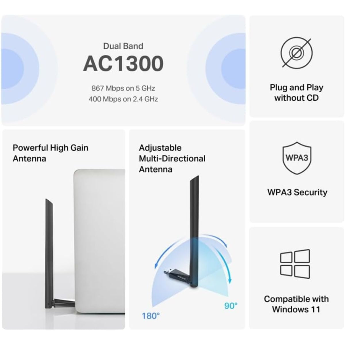 MERCUSYS MA30H AC1300 Dual-Band USB Wi-Fi Adapter | 867 Mbps 5 GHz + 400 Mbps 2.4 GHz | 5 dBi High-Gain Antenna | WPA3 | Black
