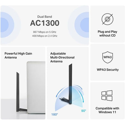 MERCUSYS MA30H AC1300 Dual-Band USB Wi-Fi Adapter | 867 Mbps 5 GHz + 400 Mbps 2.4 GHz | 5 dBi High-Gain Antenna | WPA3 | Black