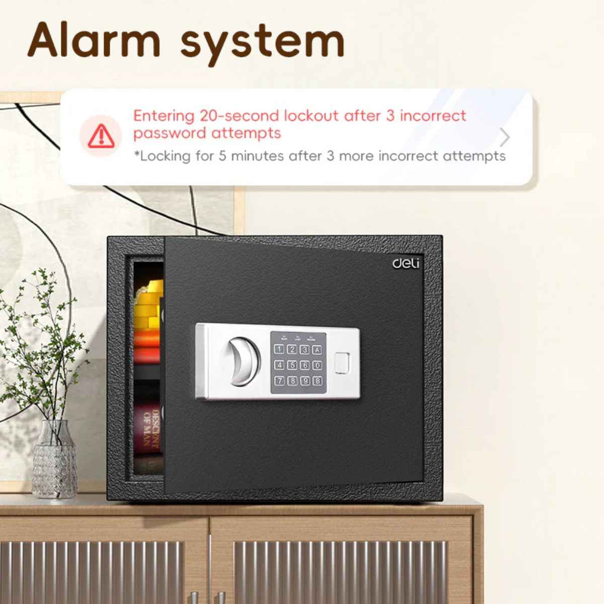 Deli T523 Fireproof Safe, Digital Safe Box with Key T523 Full Metal Body 9kg (30x38x30cm) Black