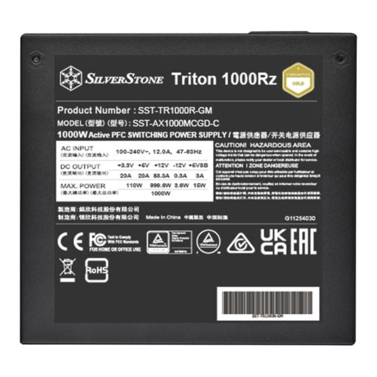 SilverStone Triton 1000Rz Full Modular Power Supply, 1000W Power, Cybenetics Gold, Single 120mm FDB Fan, Active PFC, Japanese Electrolytic Capacitors, ATX Form Factor, White