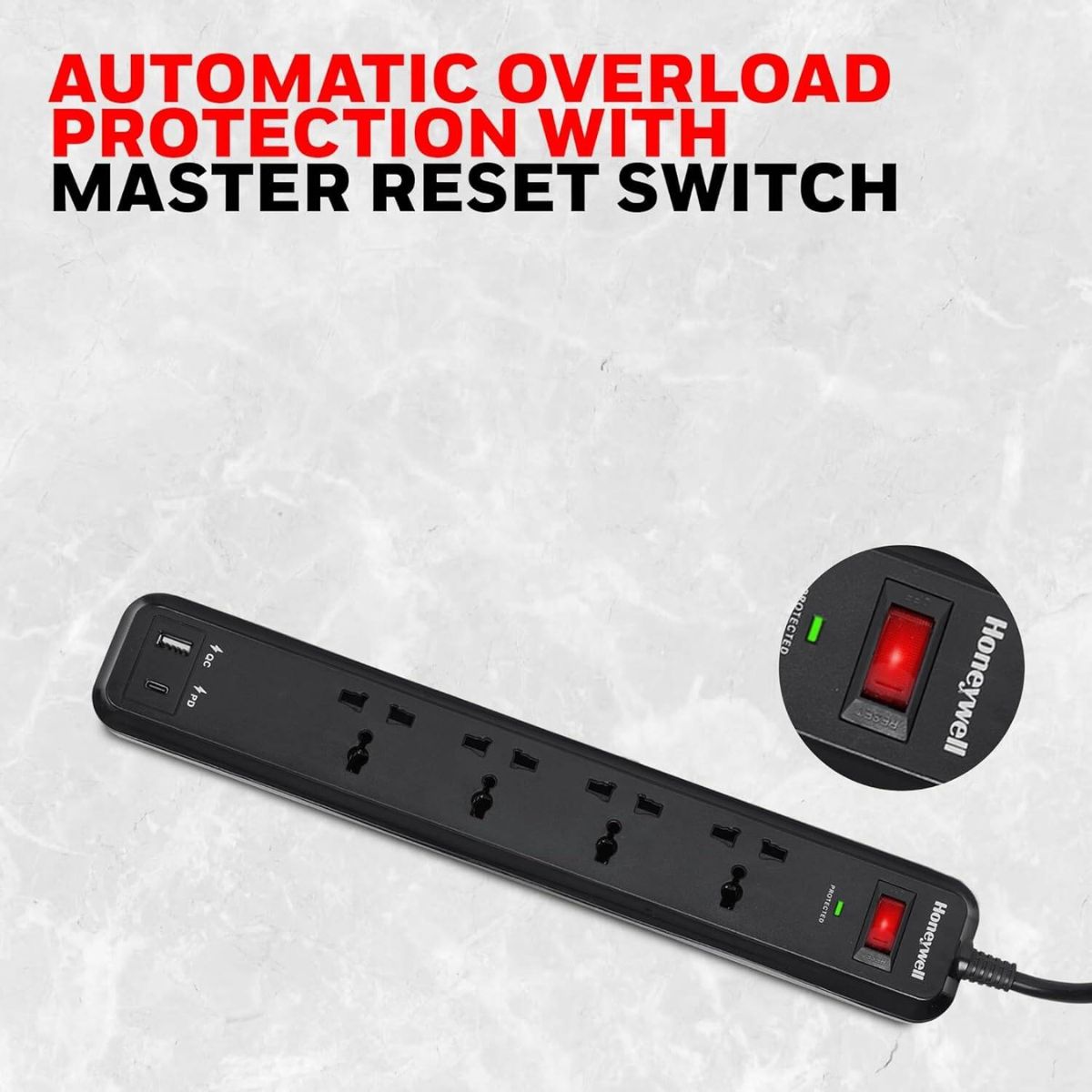 Honeywell Surge Protector, 4 Universal Sockets, 1× USB &amp; 1× PD 18W USB-C Port, 2 Meter Cable, Black | HC000022/SRG/2M/BLK/4/USB/PD18W/UK (Without Box)