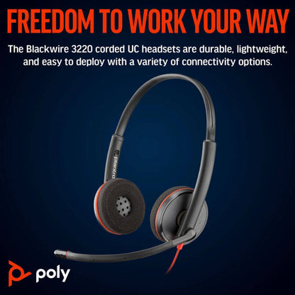 HP Poly Blackwire 3220 USB-C Headset with USB-C to USB-A Adapter, Noise-Canceling Microphone, Inline Call Controls, Hearing Protection, USB-C Connectivity, Black